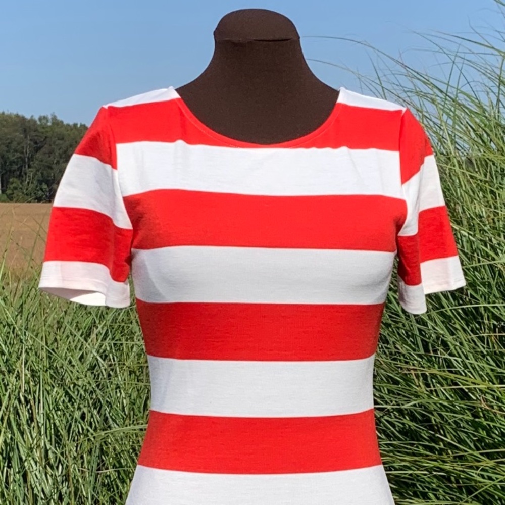 Unique-Vintage Red & White Striped Mid-length Dress